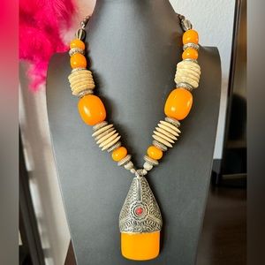 Artisan Nepal Orange Bohemian Beaded Metal Necklace